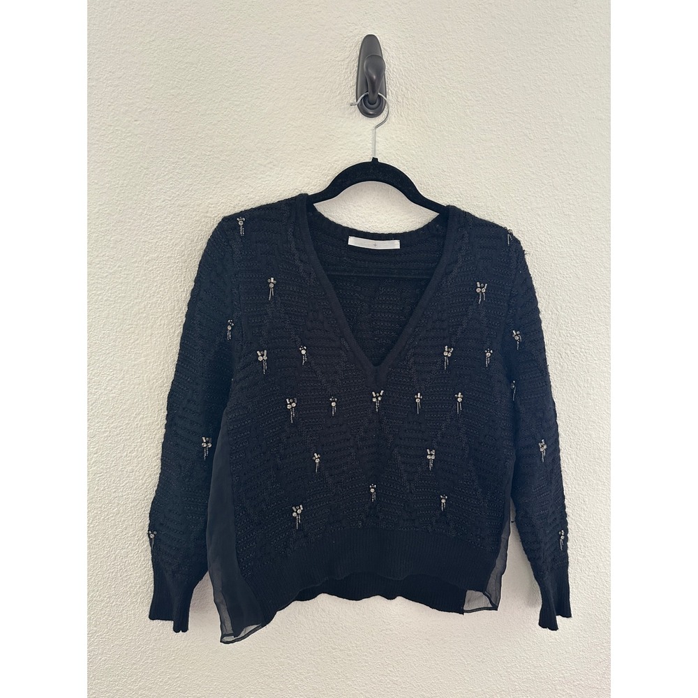 Thakoon Beaded Silk Trim Sweater S Black Wool Blend V-Neck Knit Quiet Luxury